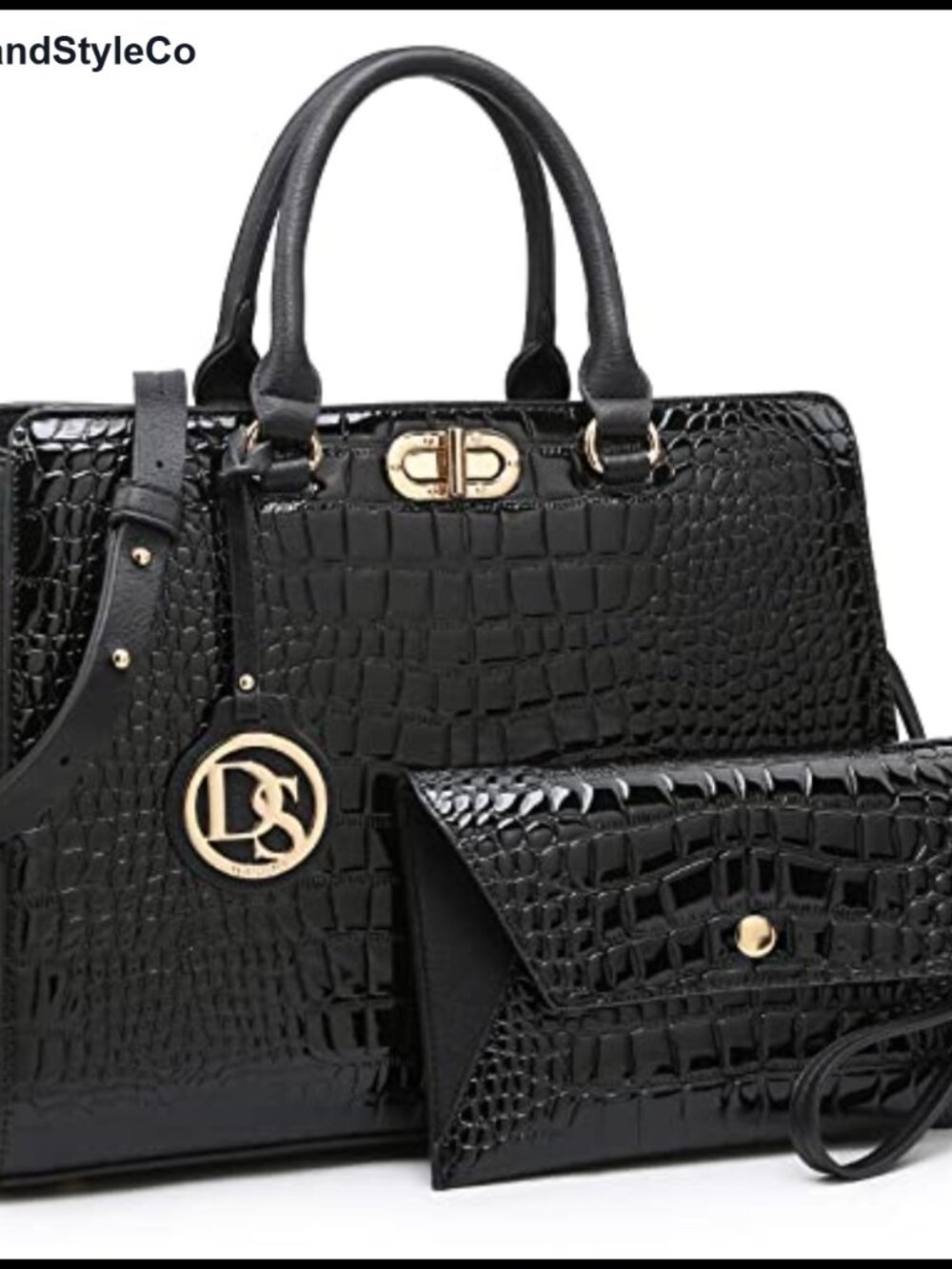 Women's Vegan Leather Satchel Tote with Matching Clutch, Top Handle Shoulder Bag